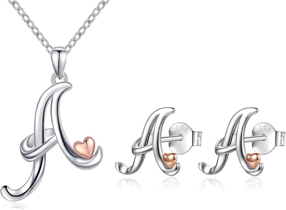 CELESTIA 925 Sterling Silver Initial Necklaces & Initial Earrings for Women Rose Gold Heart Jewelry