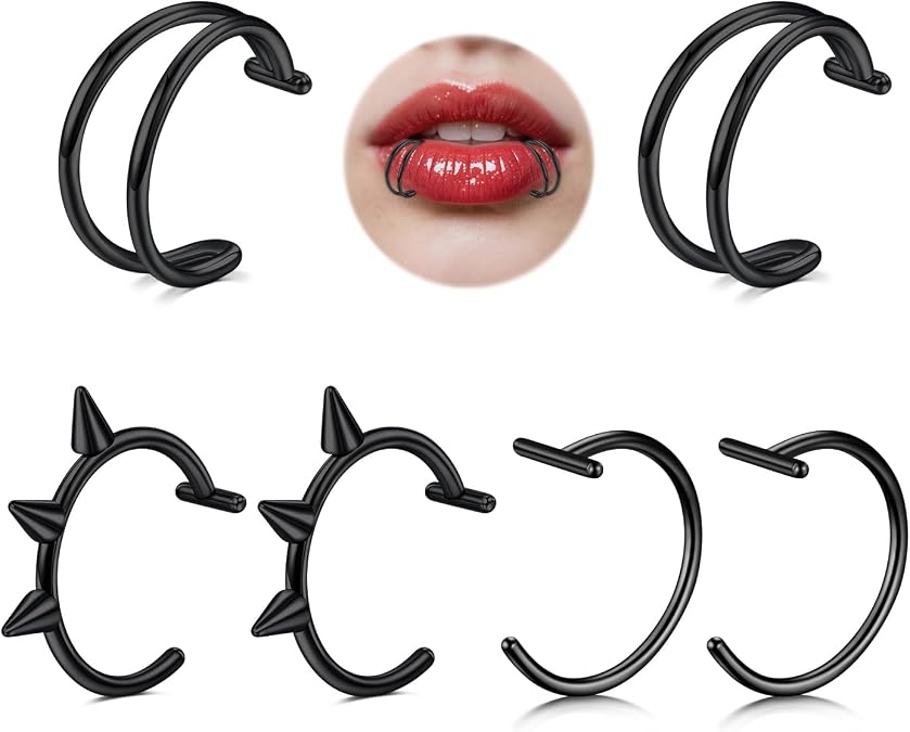 Silver Black Fake Lip Piercing Fake Lip Ring Cuffs Clip on Faux Snake Bites Hoops Non Piercings Jewelry Vampire Teeth Fangs for Halloween Jewelry Clip Double Hoop Snakebite Jewelry