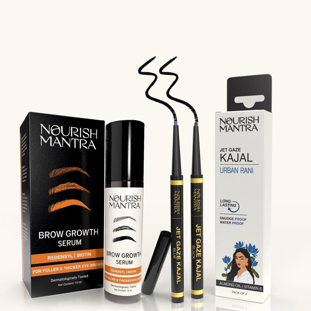 Nourish Mantra Eyebrow Growth Serum 10 ml & Jet Gaze Kajal Urban Rani - Combo - Black & Black