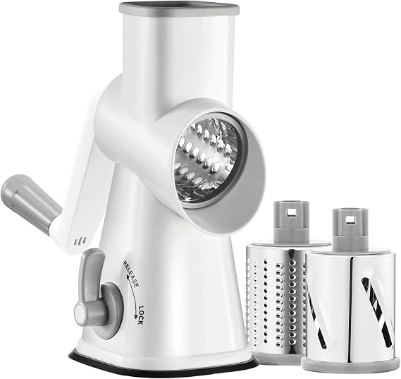 GDL Cheese Grater Rotary with Handle, Vegetable Slicer, 3 Blades, White