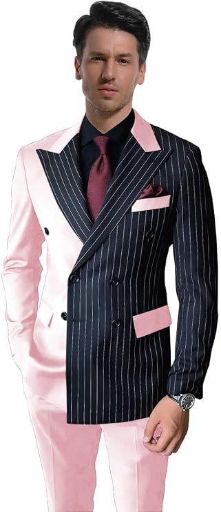 Pinstripe Suits for Men Double Breasted Blazer Pants Prom Wedding Tuxedo