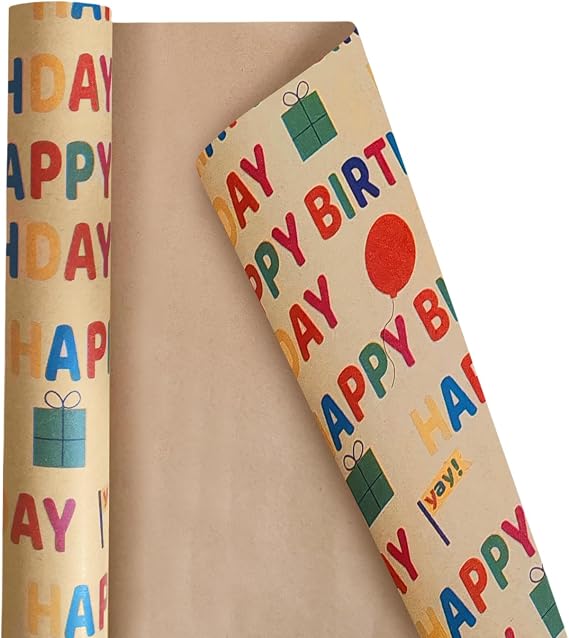 Birthday Wrapping Paper, Gift Wrapping Paper Roll, Kraft Wrapping Paper - Colorful Happy Birthday Pattern For Boys Girls Kids, Gift Wrap for Holiday, Party, Baby Shower- 17 inch X 120 inch(10 feet)