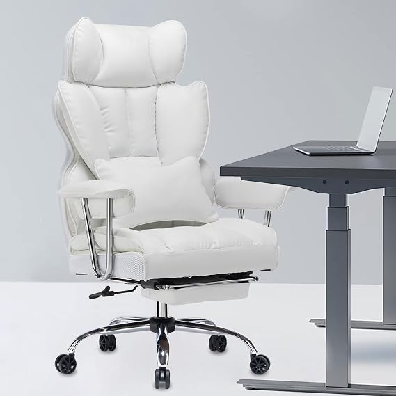 Efomao Desk Office Chair Big High Back Chair PU Leather Computer Chair Managerial Executive Swivel Chair with Lumbar Support (White)