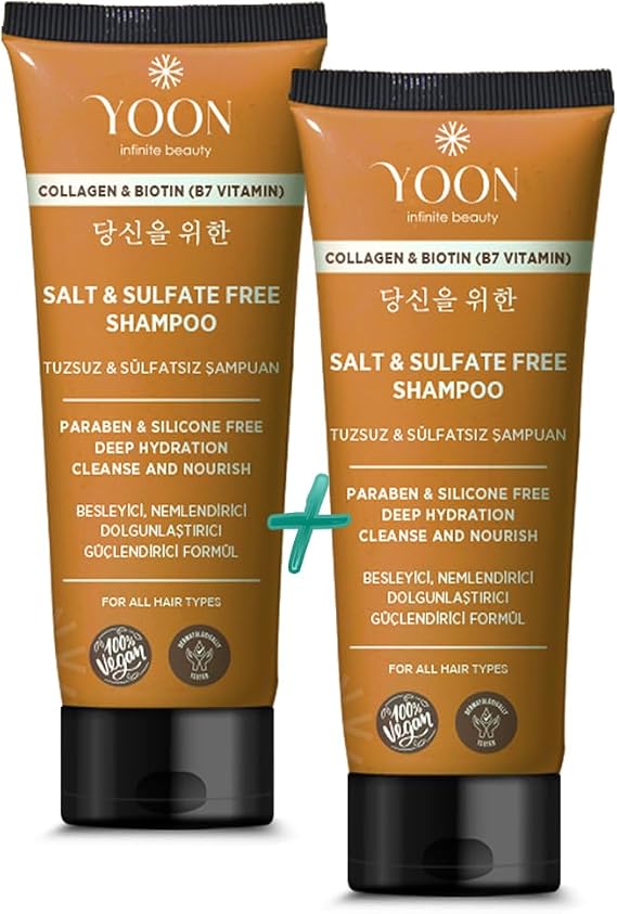 YOON 2 in 1 Sulfate-Free and Salt-Free Shampoo, Paraben-Free, Strengthening Nourishing and Moisturizing Vegan Shampoo with Collagen Biotin B7 content 250ml + 250ml