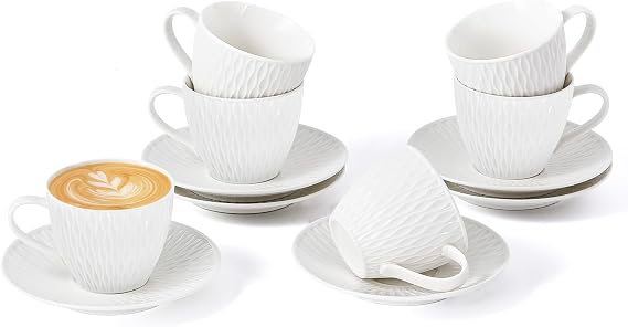 Espresso Cup and Saucer Set of 6, 6 oz Ceramic Cappuccino Barista Cup with Saucer, Stackable Coffee Mugs for Demitasse, Au Lait, Latte, Cafe Mocha, Tea, Birthday Day Thanksgiving Christmas Gift, White