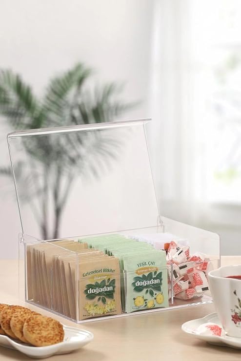 6 Bölmeli Kapaklı Poşet Çay Kutusu ve Saklama Kutusu ŞEFFAF 22 x 13