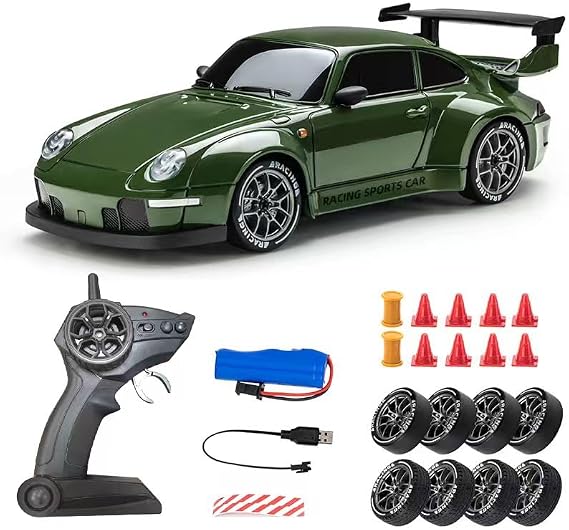RC Drift Car, 1:24 Scale Remote Control Vehicle with LED Lights, 2.4GHz 4WD High Speed RC Cars, Drifting Tires＆Two Speed Modes, Racing Sports Toy Gift for Adults Boys Girls (Green)