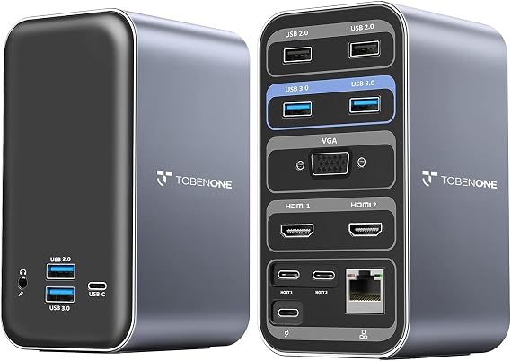 TobenONE 15-in-2 MacBook Pro Docking Station, Dual 4K Monitor, Plug & Play | 2 HDMI, VGA, PD 3.0, 7 USB, Ethernet, 3.5mm Audio, MacBook Compatible, Compact, for Home Office & Professional Productivity