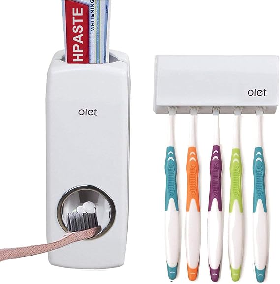 Toothpaste Dispenser and Toothbrush Holder Set, Wall Mounted Automatic Toothpaste Squeezer and Toothbrush Organizer Holder,Restroom Bathroom Accessories (5 Brushes Slots),White