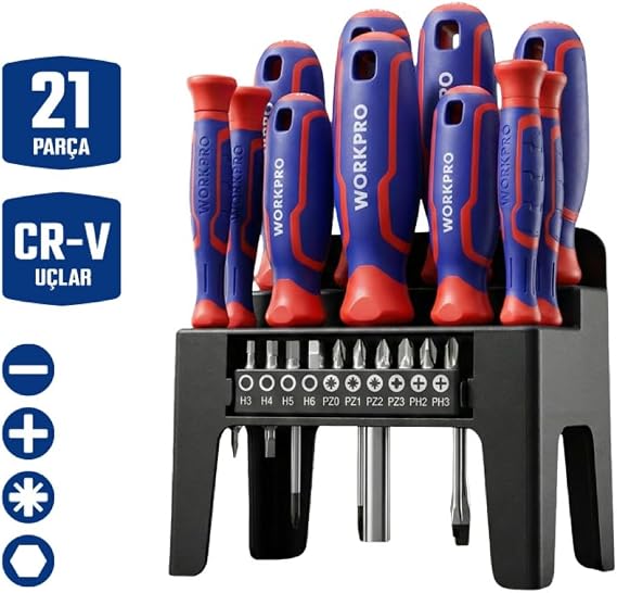 Workpro WP200551 Tornavida Seti, 21 Parça, CR-V Çelik, Manyetik, Duvar Askılı, Profesyonel
