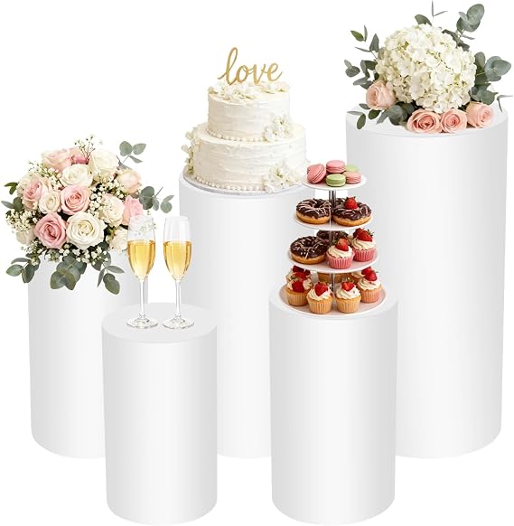 DYRABREST 5-Piece Wedding Round Cylinder Stands, White Acrylic PVC Display Pedestals Modern Columnar Centerpiece Stands for Cakes, Flowers, Desserts, Party Decor, Birthday, Celebration Ceremony