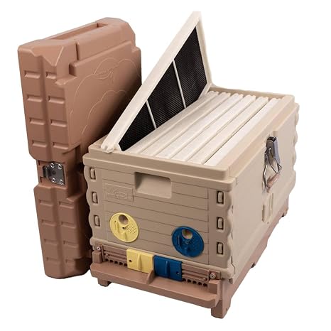Apimaye Insulated 7 Frame Langstroth Nucleus Assembled Bee Hive Set with Built in Screened Bottom Board, Entrance Reducers and Top Feeders [Plastic PRO Frames and Premier Foundations] (Tan)