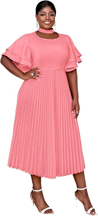 AOMEI Women's Mock Neck Cut Out Ruffles Sleeve Pleated A-Line Long Dress