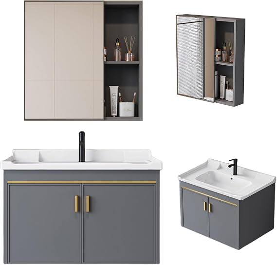 Bathroom Vanity, Wall Mounted Vanity Unit with Mirror Cabinet, Ceramic Integrated Sink & Faucet Combo Set (20.x14x15.7)