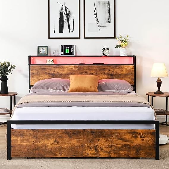 Queen Size Bed Frame with 2 Drawers Storage