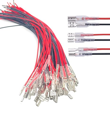 60Pcs 2.8mm 4.8mm and 6.3mm Female Spade Crimp Terminal with Insulating Sleeve and Wire,Female Spade Quick Splice Connector Assortment Kit with 25cm red Black Wires
