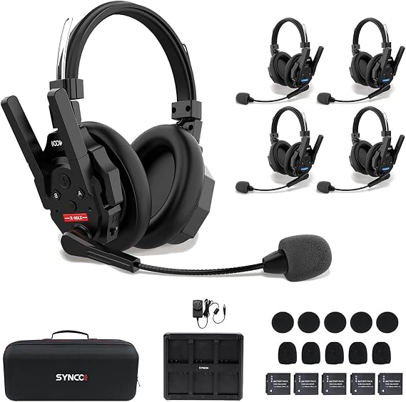 SYNCO XTalk XMax5 Full-Duplex Wireless Intercom System with 2 Double-Ear Headsets (2.4 GHz) Random Master Device Design,1640ft/500m for Team Communication,Movie Shoot,Live Show Stage Performance