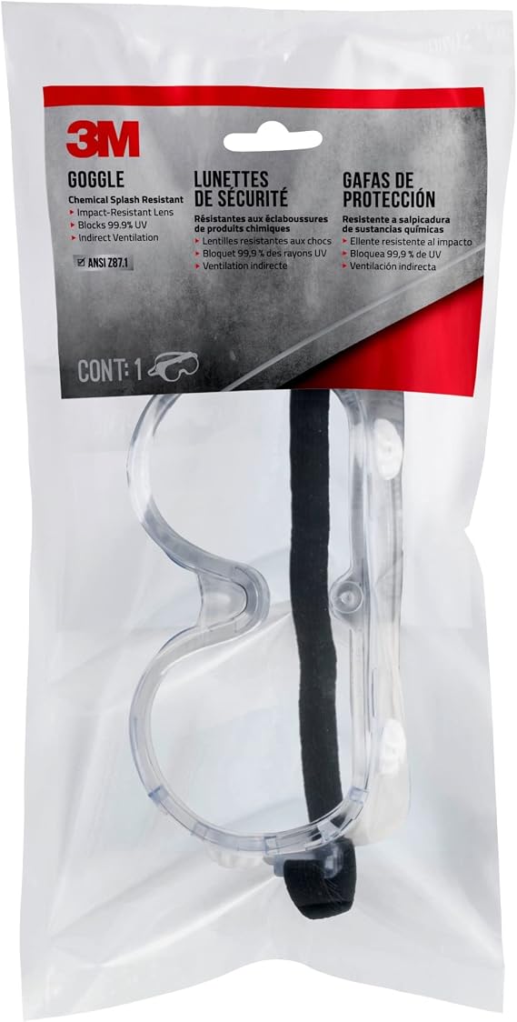 3M Chemical Splash Goggles, Impact Resistant, 99.9% UV Block, Scratch Resistant, Adjustable Fit (91252H1-DC-10)