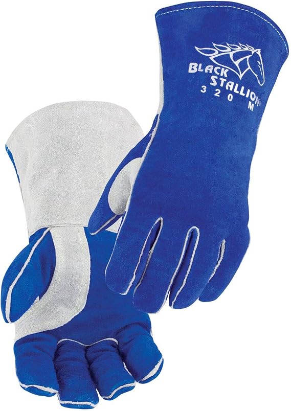 Black Stallion (320) CushionCore Lined Stick Glove, Premium Side Split Cowhide Leather, CushionCore Padded Liner, Heat Resistant, Kevlar Stitching, Medium, Blue/White