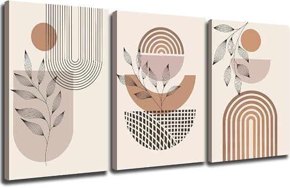 Boho Wall Art Decor Set Of 3 Mid Century Modern Plant Leaf Decor Abstract Rainbow Canvas Paintings Print Sun And Moon Geometric Aesthetic Minimalist Line Artwork For Bedroom Living Room Bathroom ( Boho-Wall--G)