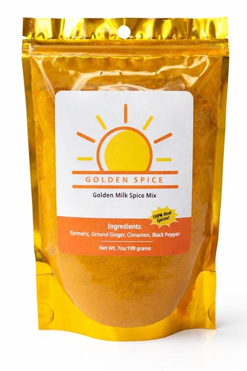 Golden Spice Golden Milk Spice Drink Mix, 100% Real Spices with Turmeric, Ginger, Cinnamon and Black Pepper, 7oz Pouch Drink Mix Powder
