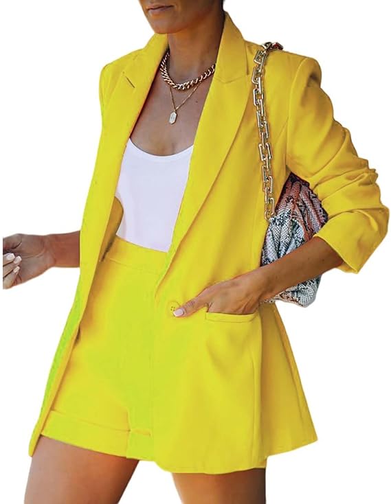 2 Piece Outfits for Women Blazer Set Long Sleeve Open Front Blazers Shorts Casual Business Solid Suit Sets with Pocket