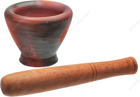 Thai & Laos Kruk Grinding Earthenware Clay Mortar with Palm Wooden Pestle, 6.75 Inches