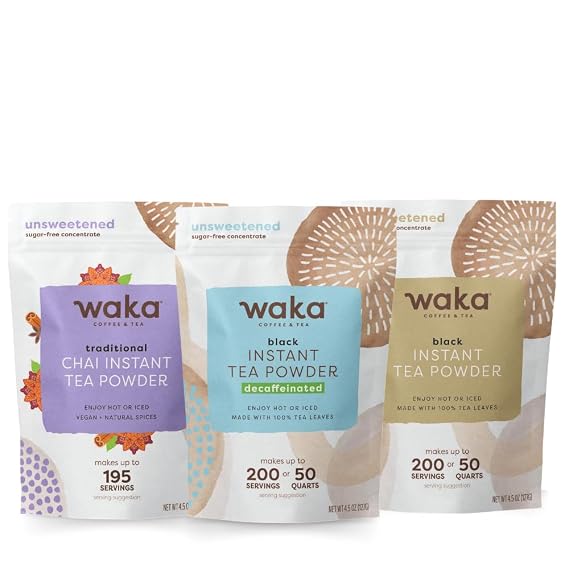 Waka Premium Instant Coffe & Tea Bundle & Save No Sugar Added & Unsweetened Concentrated Tea Powder (Decaf, Classic Black, Chai Traditional)