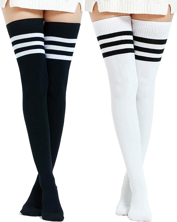 DRESHOW Extra Long Cotton Stripe Thigh High Socks Plus Size Long Stockings Over Knee Socks for Women
