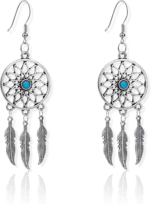 KaFu Woman Retro Silver BOHO Style Metal Dangle Drop Earrings Dream Catcher Statement Feather Dangle Tassels Turquoise Earrings for Women Girls