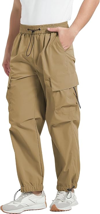 Men's Loose Fit Cargo Pants Fashion Casual Parachute Pant Harem Joggers with Elastic Pockets