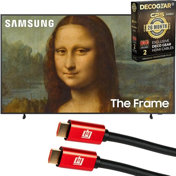 Samsung QN32LS03B 32 inch The Frame QLED 4K UHD Quantum HDR Smart TV + Deco Gear 4K HDMI 2.0 Cable w/Pure Copper Conductors x2 & CPS Exclusive 26 Month Protection Pack Bundle (BEACH-CPS-261000)