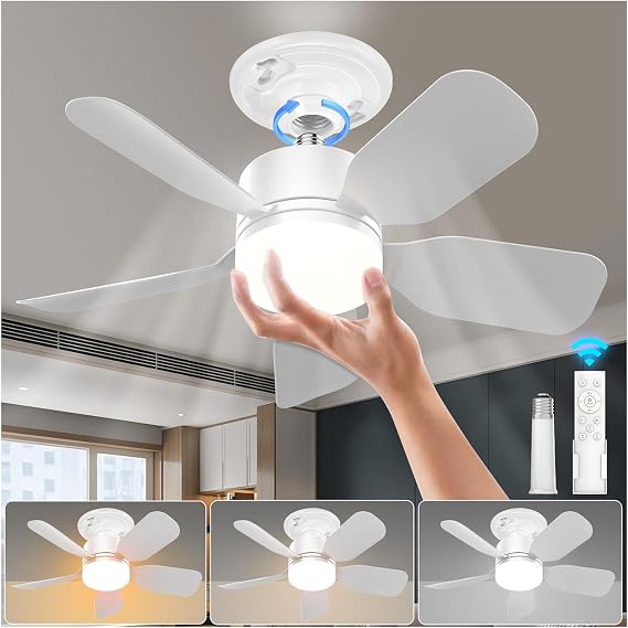 20" Socket Fan Light with Remote, 30W 2000 Lumens, 3 Colors 3000-6000K Small Ceiling Fans with Lights and Remote 6 Speed Wind Light Bulb Fan for Bedroom, Kitchen, Laundry Room, Garage