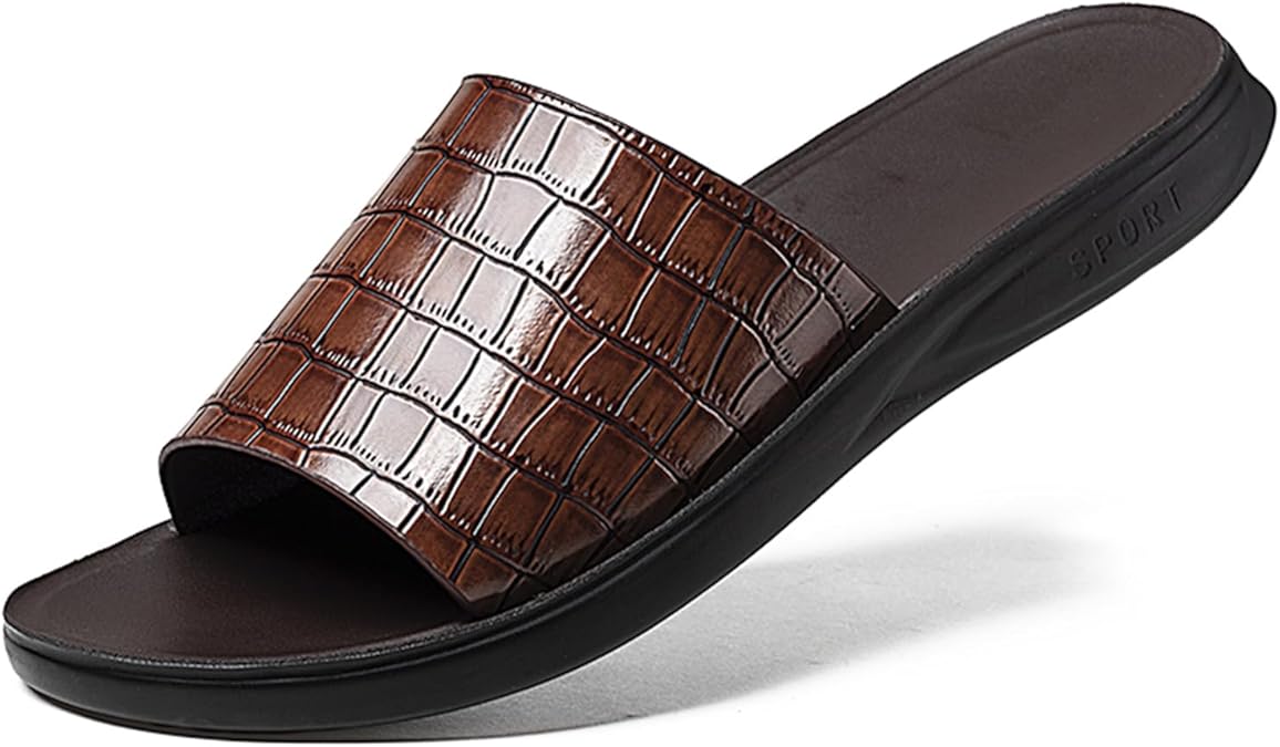 Men's Print Genuine Leather Flat Slides Sandals Round Open Toe Non Slip Outdoor Slip On Casual Flats Slippers Lightweight Beach Summer Sandals