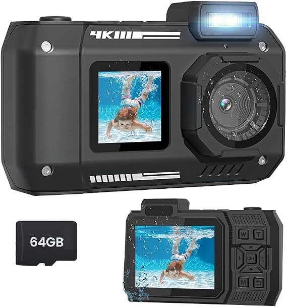 Waterproof Camera 4K 65MP Underwater Camera with 64G Card, for Snorkeling Autofocus Selfie Dual-Screen Black