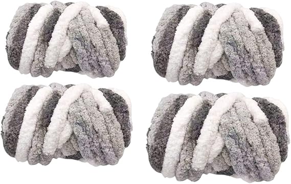 4 Pack Super Bulky Chunky Blanket Chenille Yarn for Arm Knitting, 32oz Stripes Multicolored Polyester Jumbo Easy Weaving Yarn Luxury Qucik Thick Yarns #7