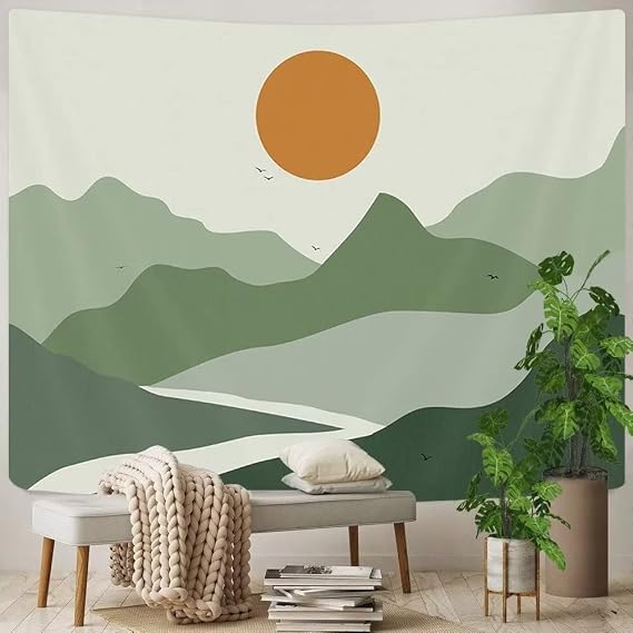 Salbeigrün Mountain Tapisserie, ästhetische Raumdekoration, Boho, Sonne, Berg, Natur, Kunst, neutrale Wandteppiche, Hippie, Mitte des Jahrhunderts, Terrakotta, abstrakt, Wanddekoration, 203x152 cm