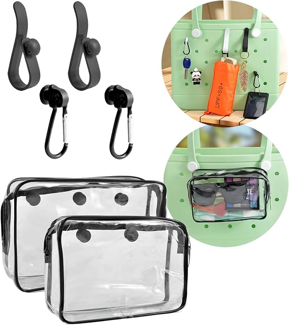 Trendy Beach Bag Accessories Set For Bogg Bag, Phone Storage Bag, 6Pcs Hooks, 2Packs Clear Bags, (Black)