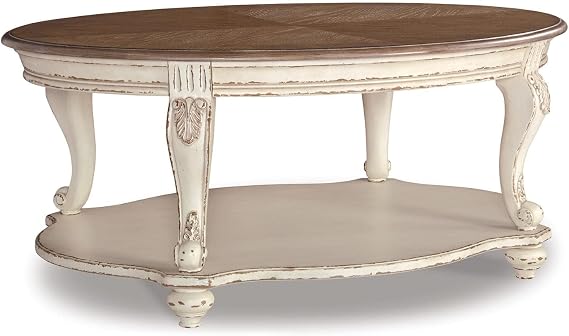 BOWERY HILL Oval Coffee Table, Chipped White and Brown Finish, Wood and Veneers, 48.13 in x 34 in, Antique Two-Tone Style, Fixed Lower Shelf, Classic Cottage Design Living Room Table