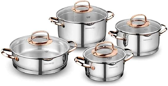 Korkmaz High-End Stainless Steel Induction-Ready Cookware Sets with Tri-Ply Encapsulated Base (8 Piece, Rosanna)