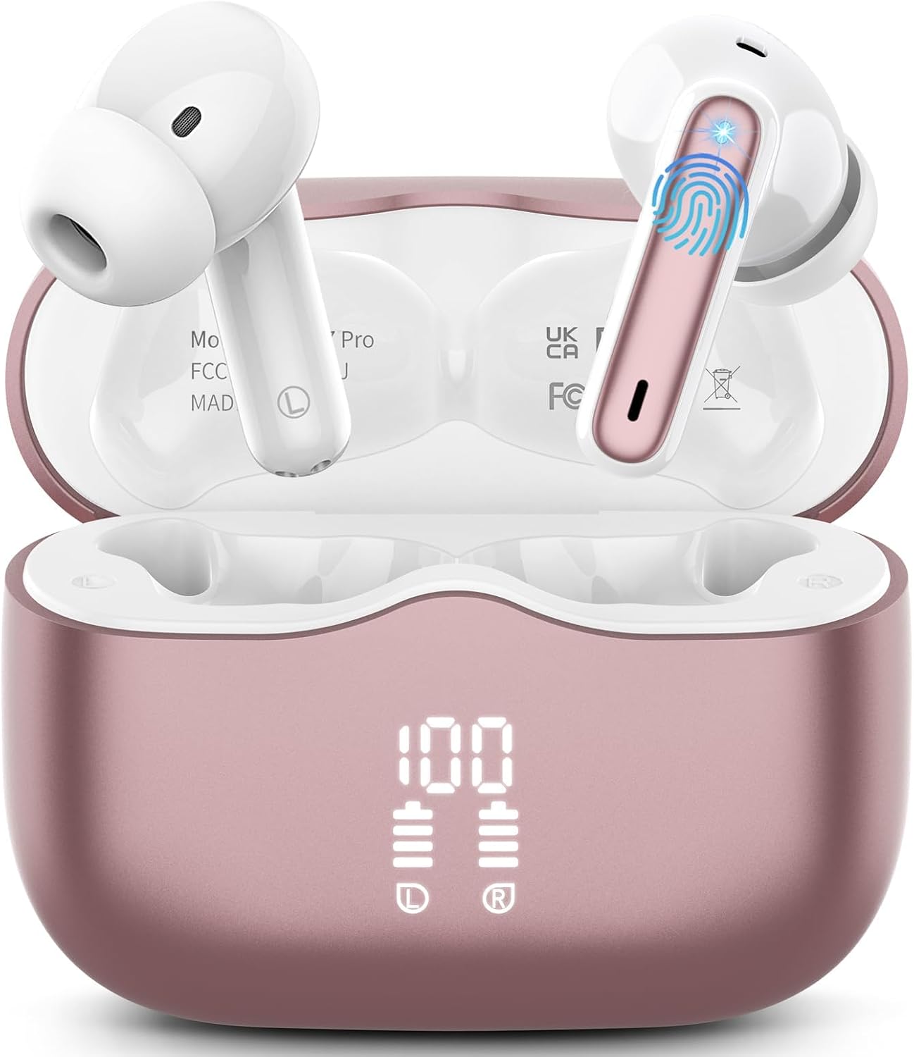 Wireless Earbuds, Bluetooth 5.4 Headphones in Ear with HiFi Stereo Deep Bass, 4 ENC Noise Cancelling Mic Wireless Earphones 40H Playtime, Bluetooth Earbuds Dual LED Display, IP7 Waterproof, Rose gold