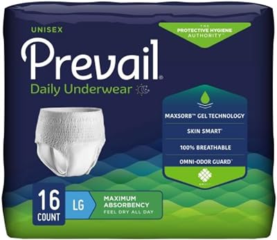 Prevail Daily Protective Underwear, Unisex Disposable Adult Diaper for Men& Women, Maximum Absorbency, Large, 16 Count Bag