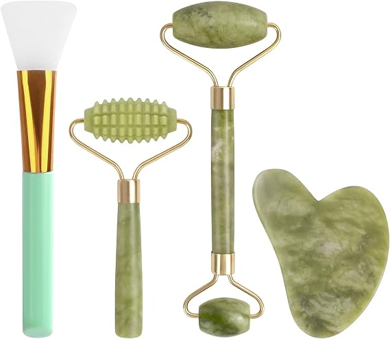 Jade Roller for Face, Natural Jade Face Roller, Jade Roller and Gua Sha Massage Set with Mask Brush, for Skin Firming, Rejuvenation of Face and Neck Pack of 4