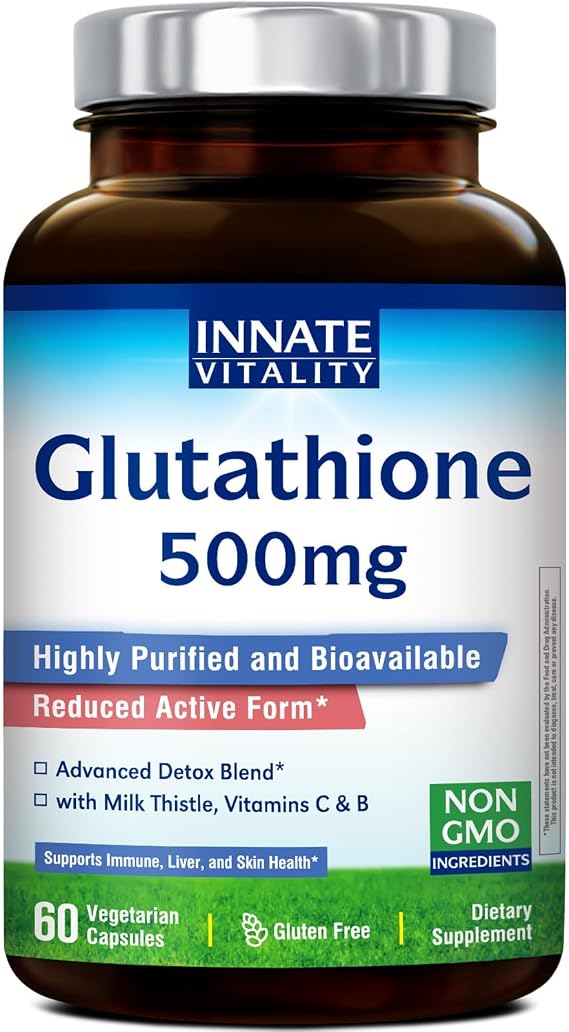Innate Vitality Glutathione Supplement 500mg, Bioavailable Reduced Glutathione, with Milk Thistle, Vitamin C, B Complex, Immunity Defense, Liver, Antioxidant Support, 60 Capsules