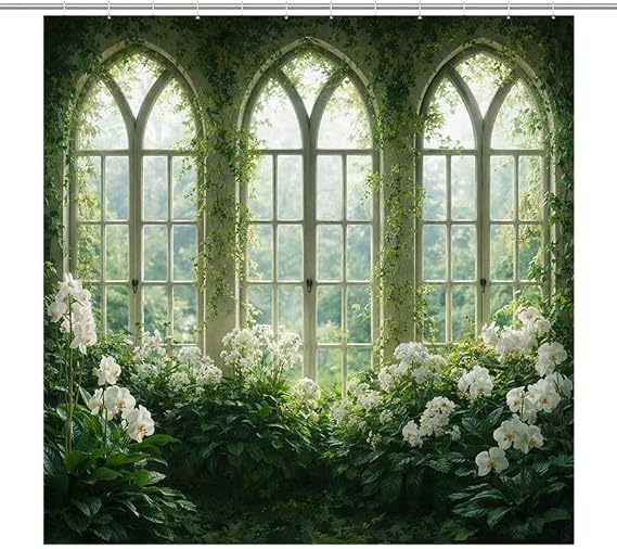 Gothic Windows Frame Lush Greenery and White flowersShower Curtain for Bathroom Waterproof Tan Shower Curtain with Hooks 71 inch x 71 inch