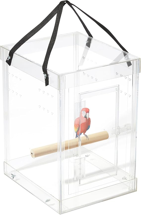 PENNZONI Medium Bird Carrier Display Case, Crystal Clear Acrylic Bird Travel Cage with Feeder Bowls