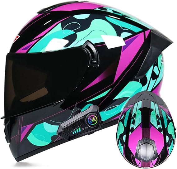 Full Face Motorcycle Bluetooth Integrated Helmet, Adults Men Women Multi-Vent System Moped Street Bike Racing Helmets with Breathable Washable Liner and Flip Up Dual Visor DOT Approved