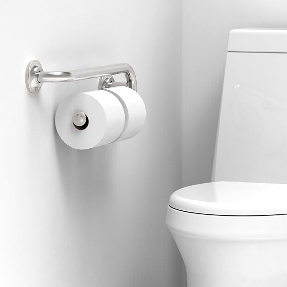 Grab Bar with Integrated Toilet Paper Holder for 2 Mega Rolls (Kitchen Paper Towel Holder or Bathroom Towel Bar), 16in Stud Mount, 250lbs Weight Support, Rustproof, Brushed Nickel, Right