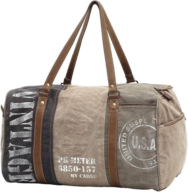 Vintage USA Travel Print Upcycled Canvas Leather Trim Duffle Bag