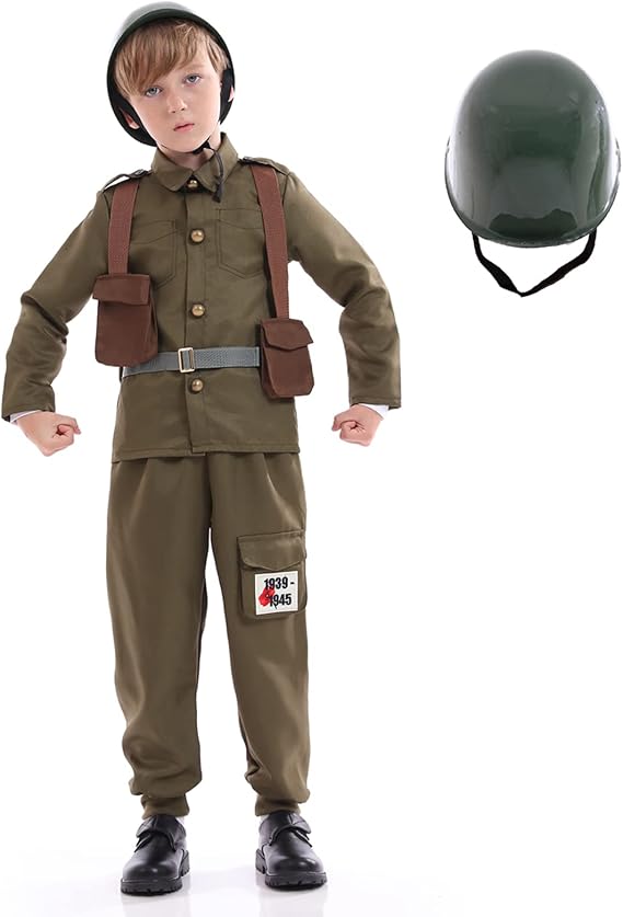 Army Soldier Costume Kids,Unisex WWII Soldier Dress Up with Helmet,Halloween Cosplay Outfit Boys,Khaki